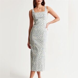 Abercrombie & Fitch Light Blue and White Floral Square-Neck Midi Dress
